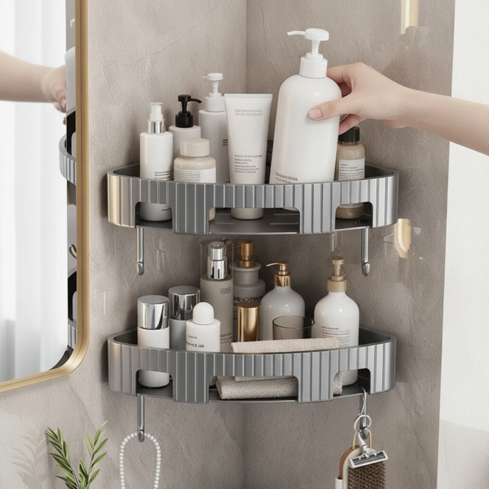 Corner Shower Shelf No-Drill Triangle Shelf Shower Organizer Damage-Drill-Free Space-Saving for Renters, Rv