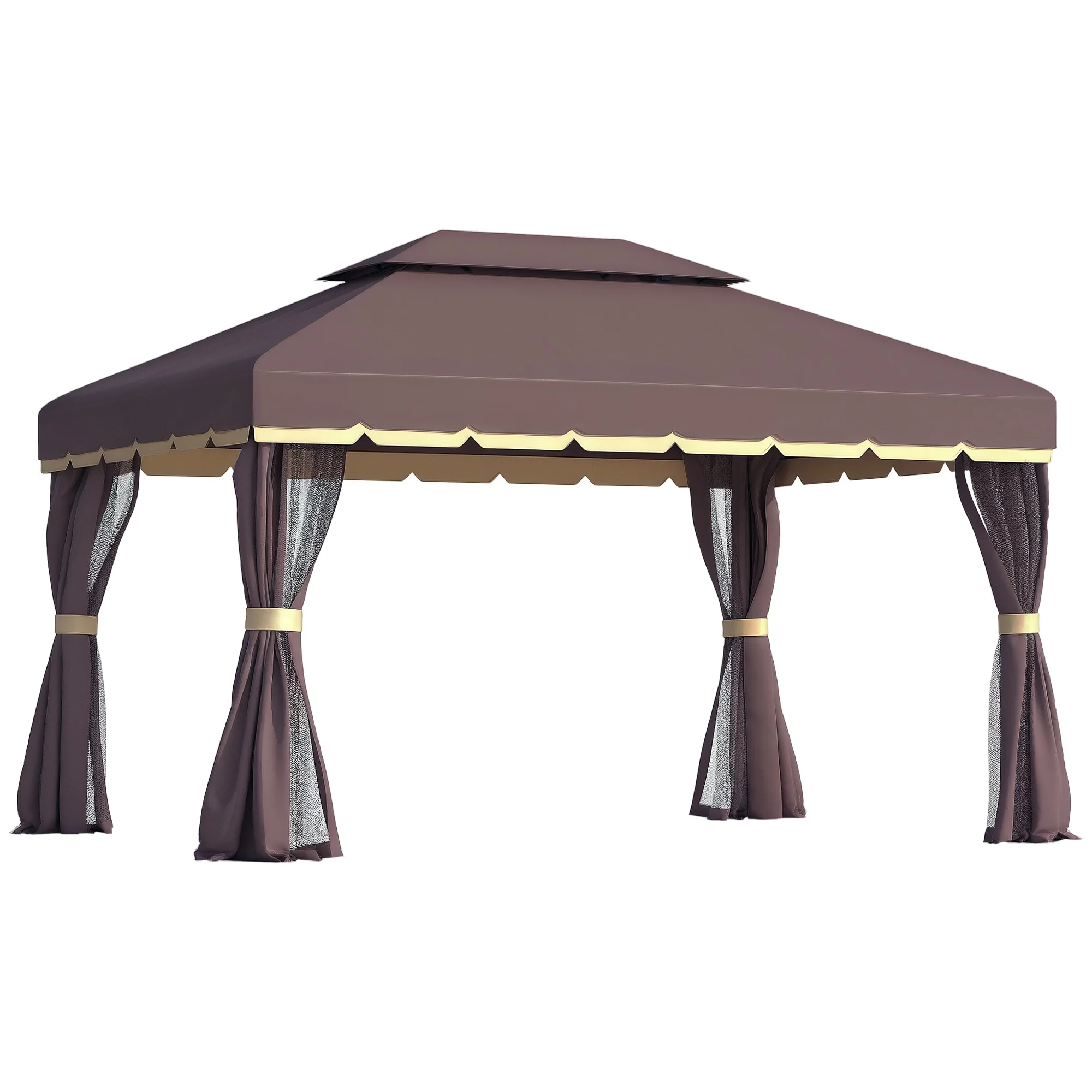 10' x 13' Patio Gazebo, Aluminum, Mesh Netting, 2 Tier Polyester Roof, Coffee