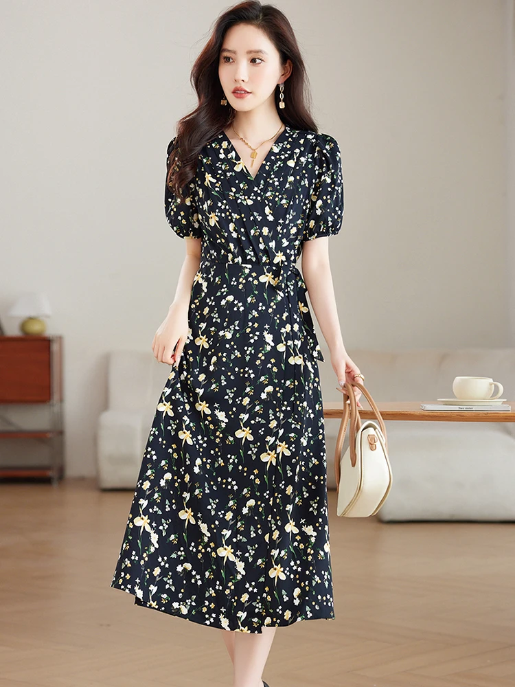 

2025 Black Floral Puff Sleeve V-Neck Midi Dress Women Elegant Bodycon Bow Bandage Dress Summer Korean Vintage Festival Vestidos