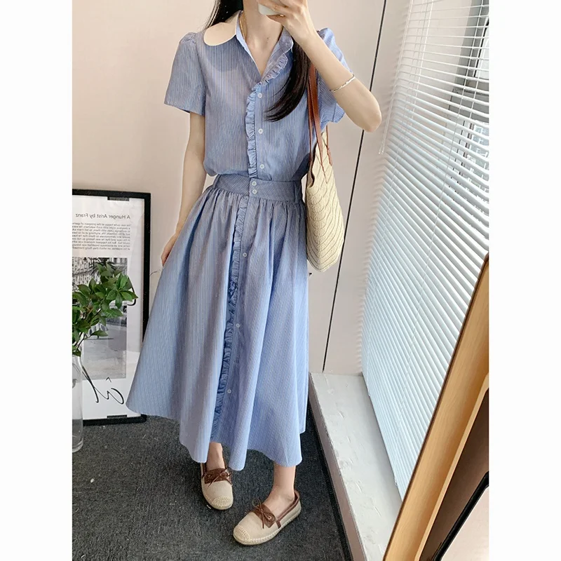 

Amy Blue Striped ort Sve T-irt And f Skirt Women's Summer Loose Versatile Set Commute Sle Regular Length Polyeste...