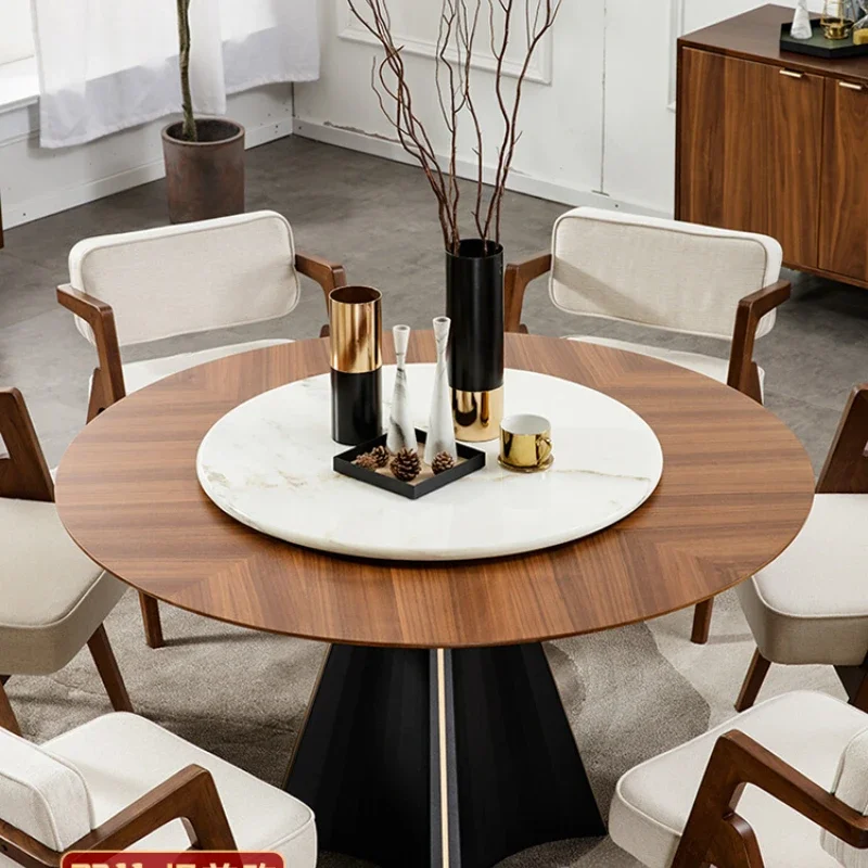 

Wooden round table, dining table and chair combination, round dining table, turntable, Nordic black walnut, medieval solid wood