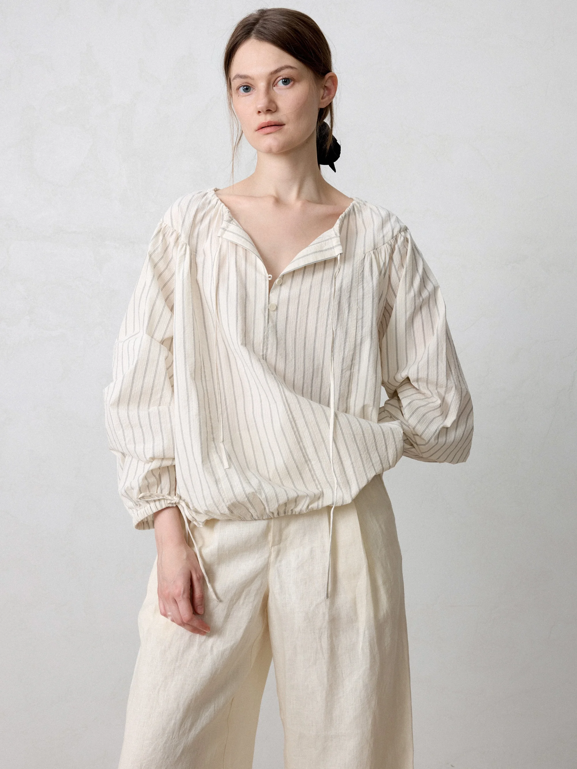 

Summer New Arrival Pure Cotton Pleated Striped Overhead irt Women's Comfortable Breathable Loose Fit Long Sve V-Ne