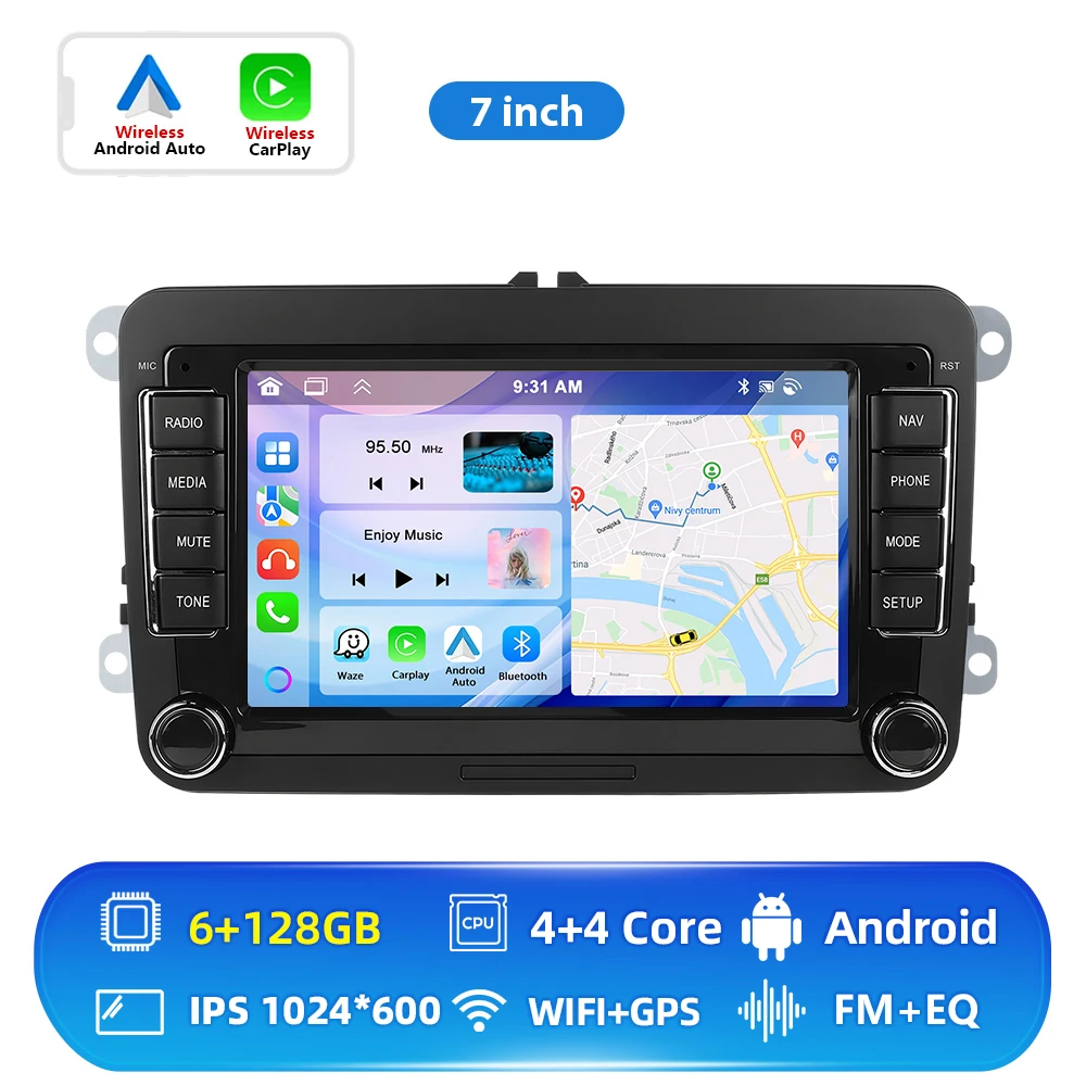 Podofo 6+128G Android 2Din autoradio met Carplay, Android Auto, GPS, FM-ontvanger, AI-stem, DSP voor VW, Seat, Skoda, PASSAT, GOLF