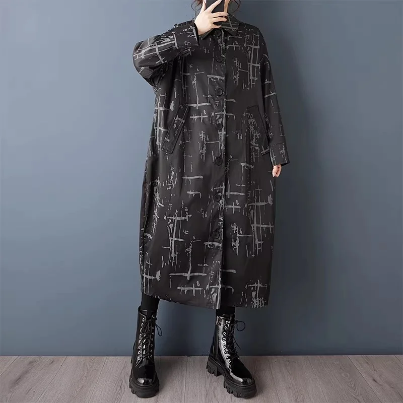 Fashion Loose Fit Windbreaker for Women - Printed Double Layer Spring Jacket, Mid-Length Trench Coat with Flip Collar, w2002