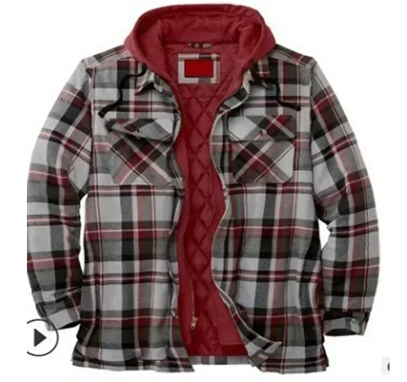 Mens Long Sleeve Winter Hooded Coats Fleece Lined Flannel Plaid Shirts Jacket Button Down Sherpa Jackets with Hood