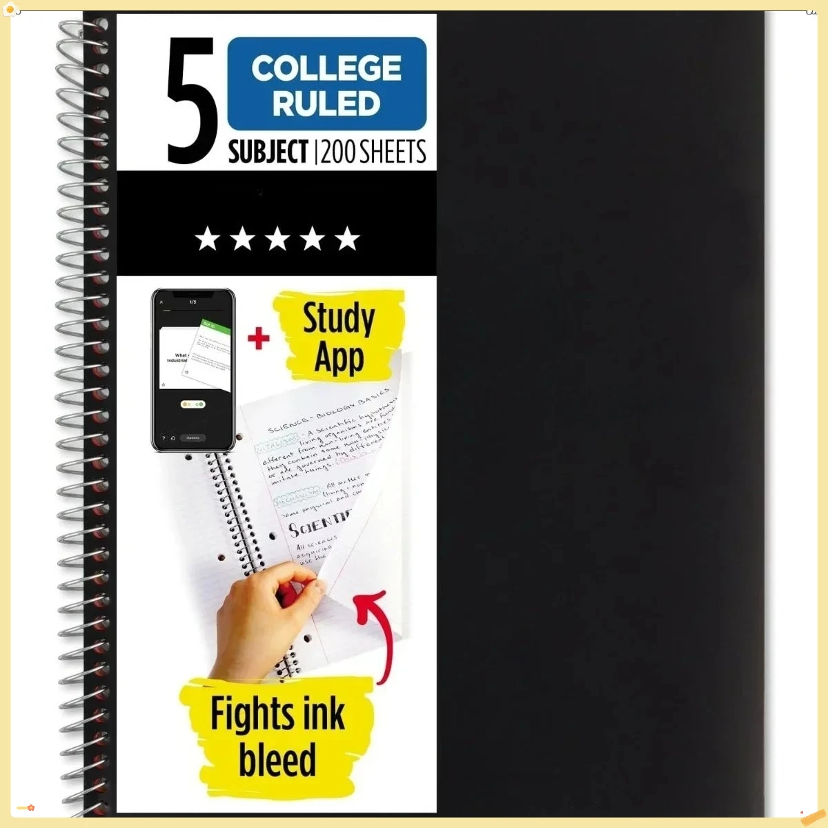 

Spiral Notebook 5 Subject - College Ruled, 200 Sheets (8-1/2x11), Fights Ink Bleed, Water Resistant Black Cover