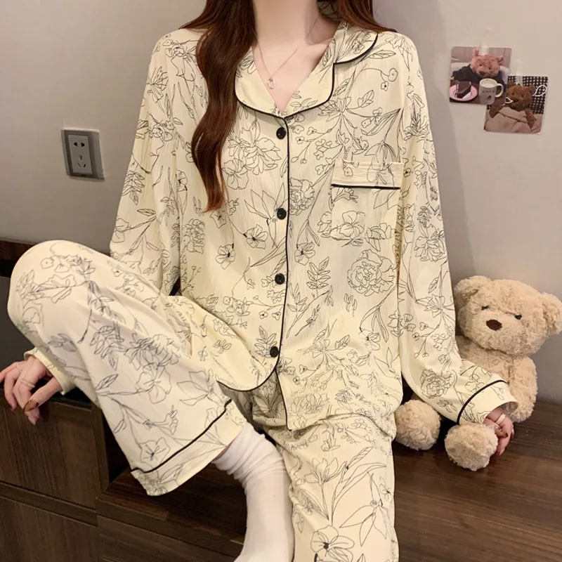 Women's Pajamas Set Ink Flower Print Home Wear Wrinkled Fabric Design Long Sleeve Top & Elastic Waist Pants Pajamas New Sweet