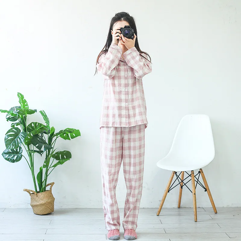 100% Cotton Women\'s Pajamas Set Casual Plaid Autumn Winter Sleepwear Lounge Home Clothes New Pyjamas Femme Sleep Night Suit