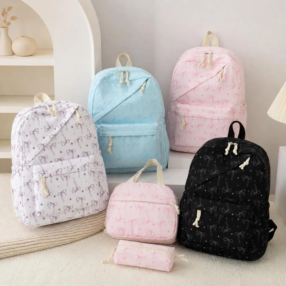 3PCS Bow Print Backpack,lunch Bag,Pencil Case Set Spacious Lightweight Schoolbag Set Multicolor Portable Student Rucksack Set
