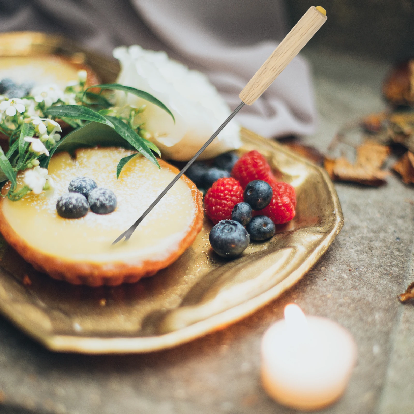 Juego de 2 Tenedores para Barbacoa de Acero Inoxidable con Mango de Roble, Gruesos, Sin Sabor, Naturales, para Eventos y Viajes, Color Caqui