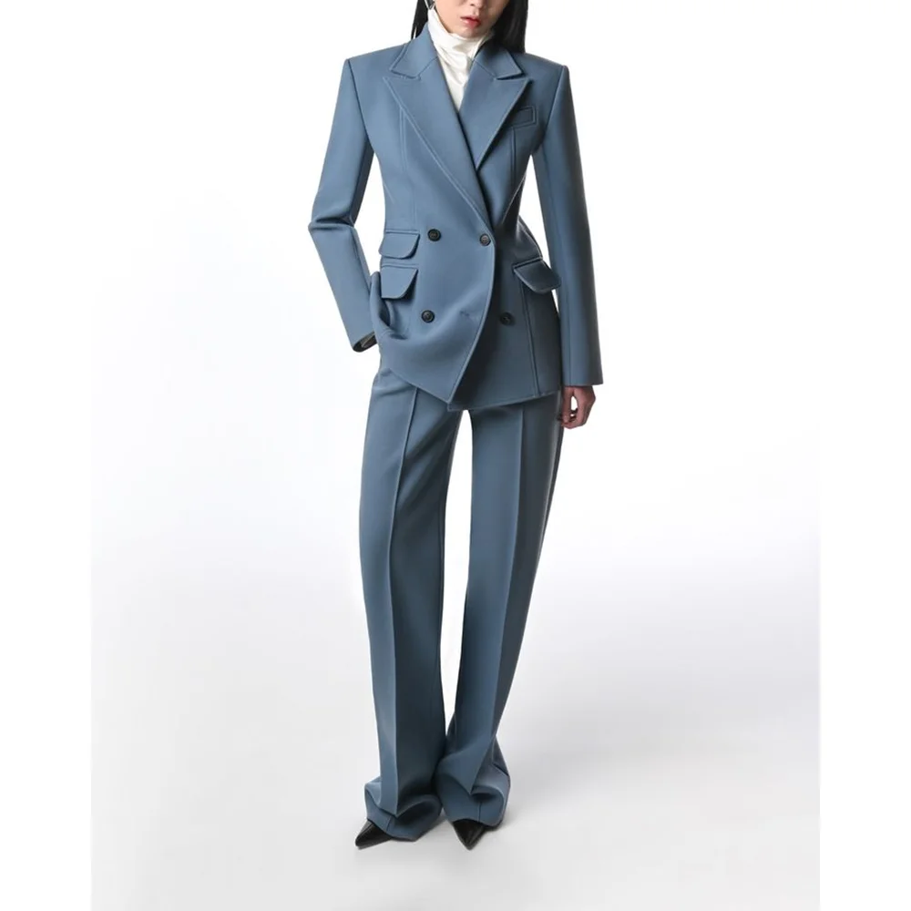 Chic Haze Blue Double Breasted Women Suits 2 Pieces Blazer Trousers Customized Set Formal Office Lady Evening Party Suits