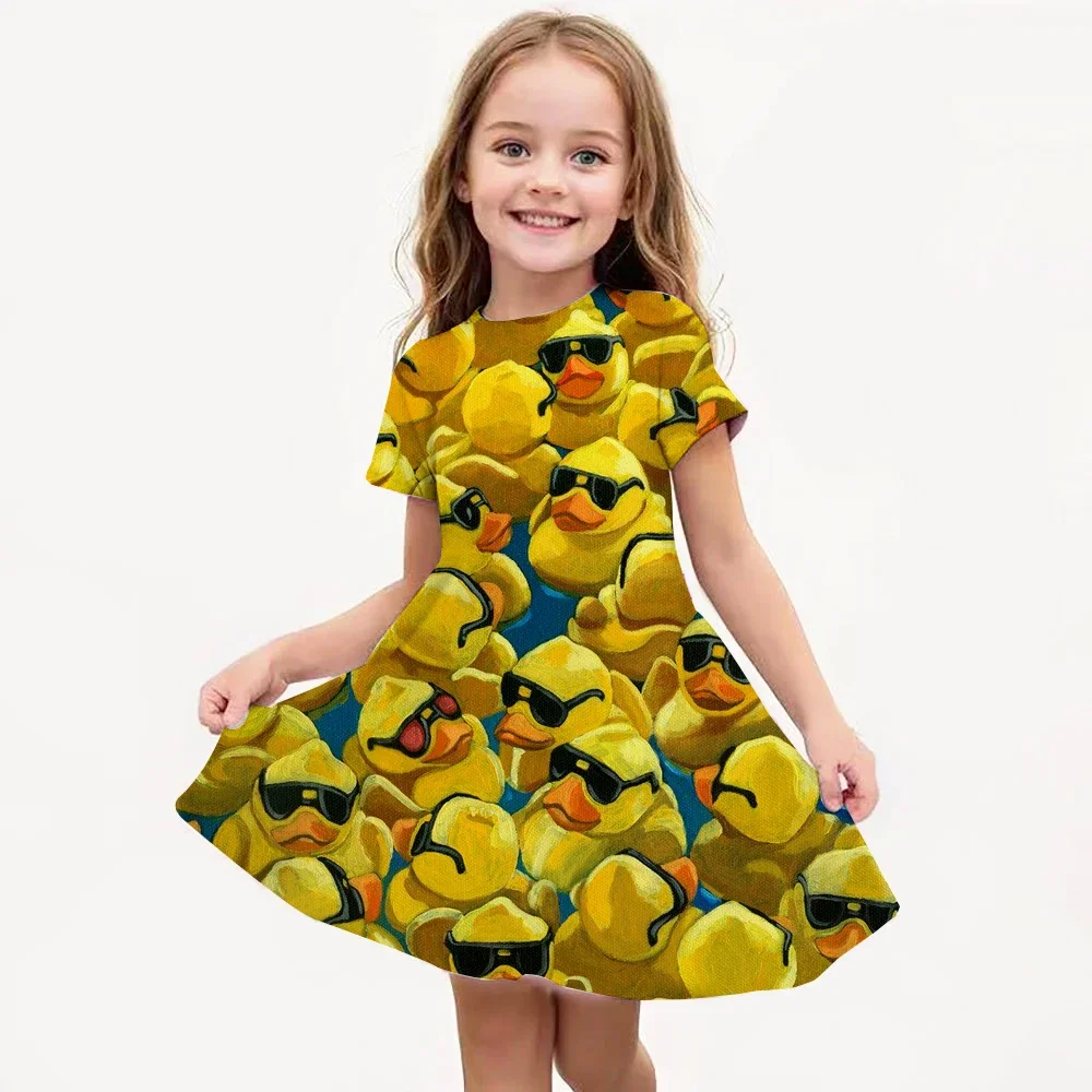 MINISO Summer Girls Cartoon Yellow Duck Dress Fashion Dress Kids Daily Casual Stylish Short Sleeve Clothing Cute Streetwear