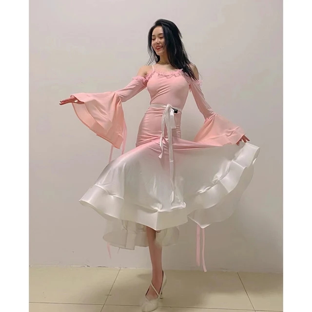 Ballroom Dress Gradient Large Swing Skirt Sexy off-shoulder Dance Skirt Adult Cha Tango Stage Performance Dress