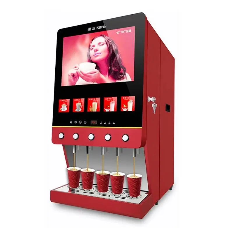 50S 5 Flavours Instant Coffee Machine Milk Tea Vending Machine 5 Hot Drinks Automatic Coffee Machine LED Light Box Advertising