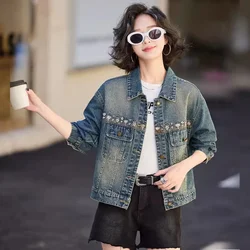 2025 Spring Sequin Embroidery Short Coat Female BF Loose Denim Jacket Tops Femme Jeans Jacket Female Blouses Outwear Autumn