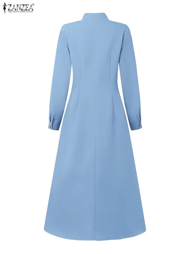 ZANZEA Sukienki midi plus size dla kobiet, eleganckie, codzienne, z golfem, długi rękaw, zapinane na guziki, rozkloszowane, długa sukienka, odzież damska FW, rozmiar 5XL