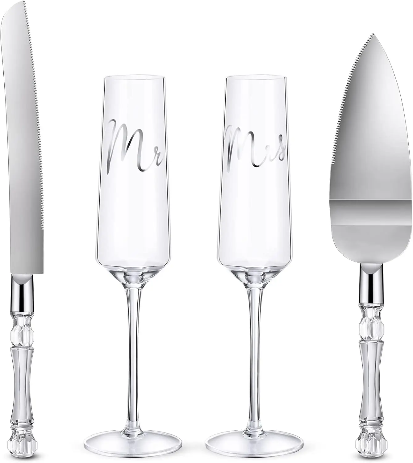 

4-Piece Wedding Toasting Flutes & Cake Server Set, Clear Classic Champagne Glasses and Cake Knife