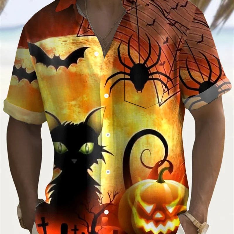 Skull and Pumpkin Horror Pattern Halloween Shirt, Casual Party Top, Hawaiian Fashion Costume