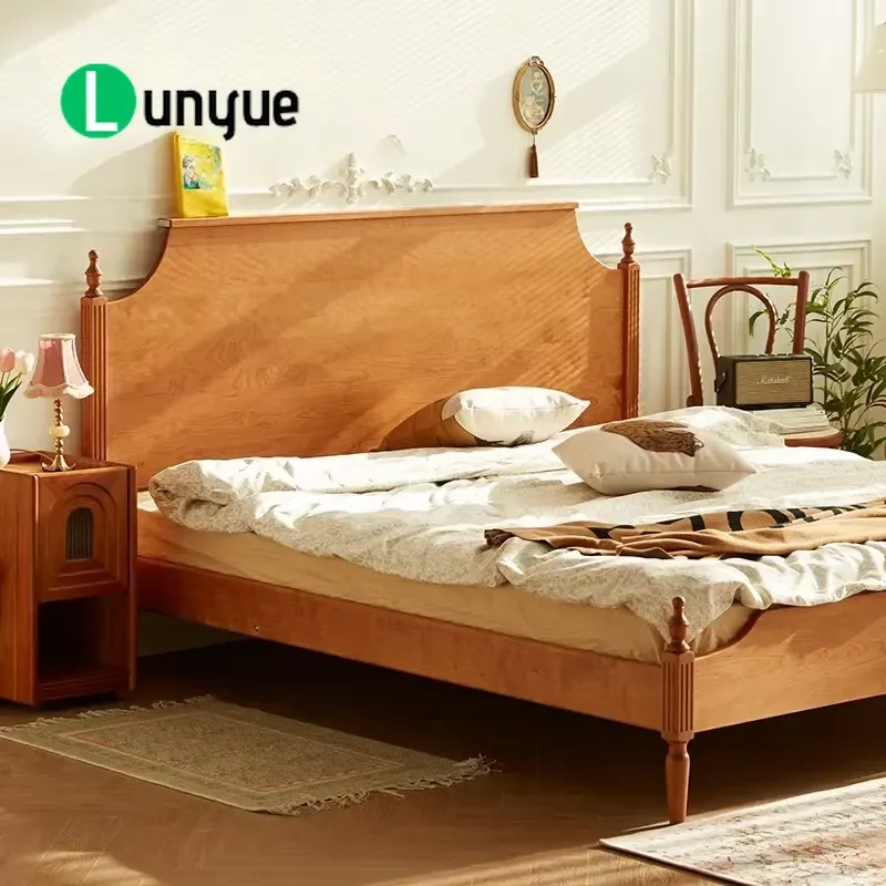 Solid Wood Bed Frame Custom Groove Curved Headboard King Size Platform Bed for Studio Loft Apartment Durable Modern Furniture