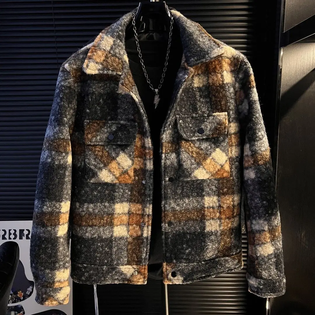 

Design sense men's short plaid woolen men's coat new autumn and winter thickened