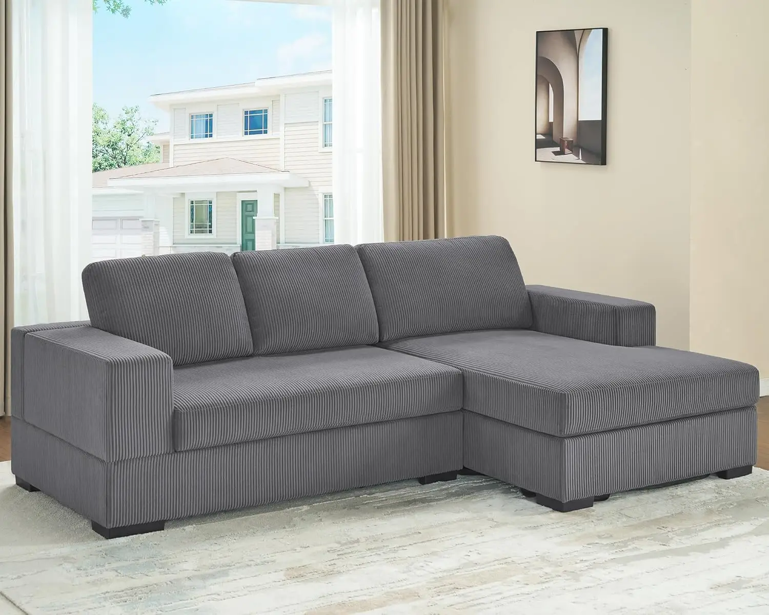 

96 Inch Oversized Sectional Sofa Modern Couch with Chaise Comfy Sofa Couch with Right Chaise Grey Corduroy Sofa