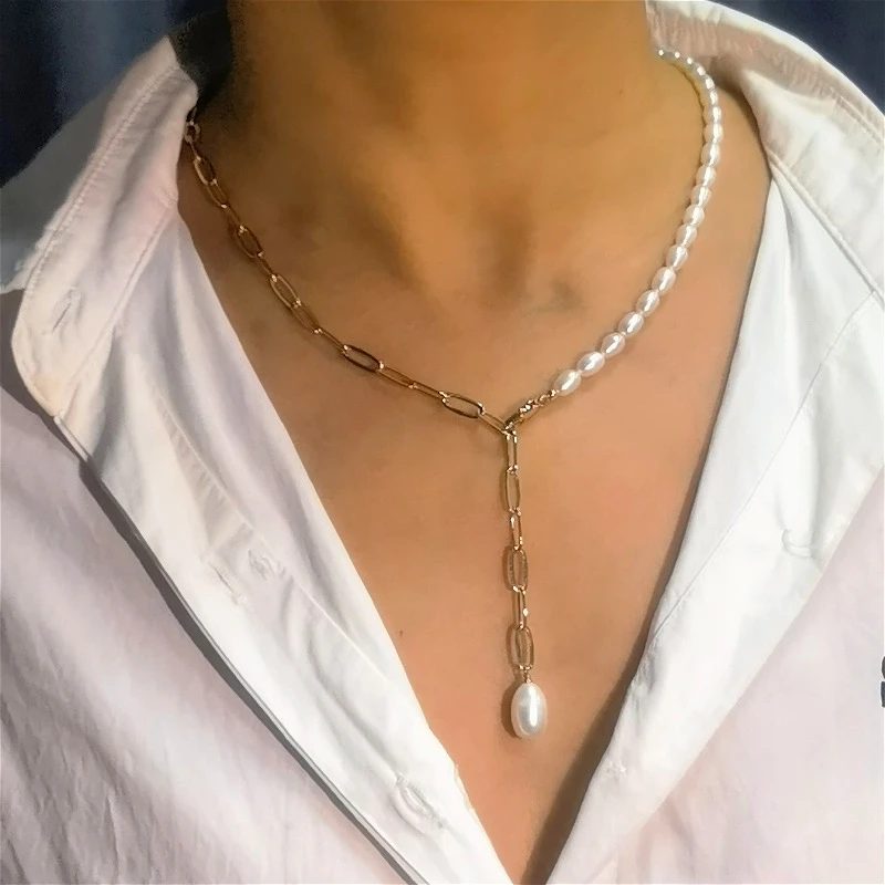 

Pearla&Dan necklace trendy patchwork necklace featuring natural freshwater pearls and oval chain links necklace
