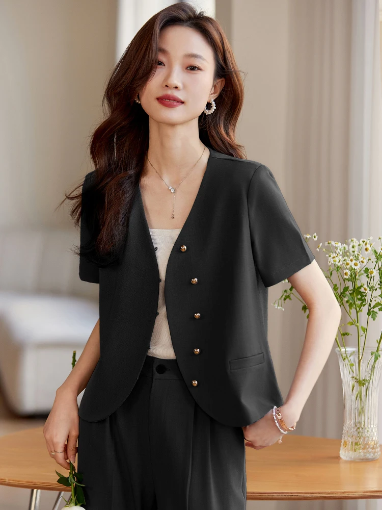 

Женский летний тонкий пиджак с коротким рукавом, без воротника, укороченный, повседневный, премиум-класса, профессиональный, маленький размер