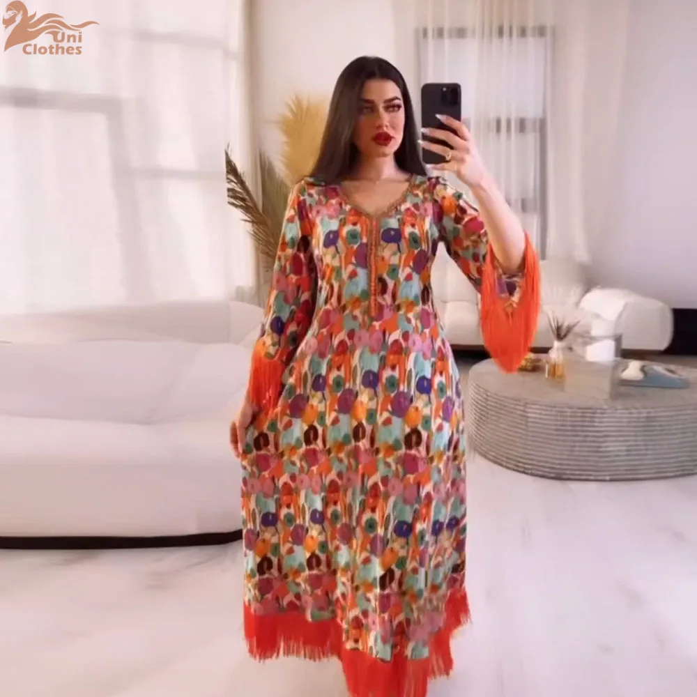 

Ramadan Abaya For Women Arabic Chic Tassel Diamonds Muslim Clothing Jalabiyat Printing Full Sleeve Dubai Africano Robe