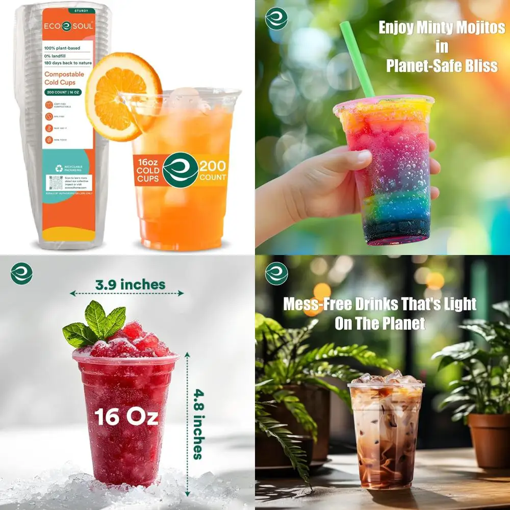 

Компостируемые одноразовые чашки для вечеринок — экологически чистые холодные чашки на 16 унций, 200 штук для устойчивых торжеств