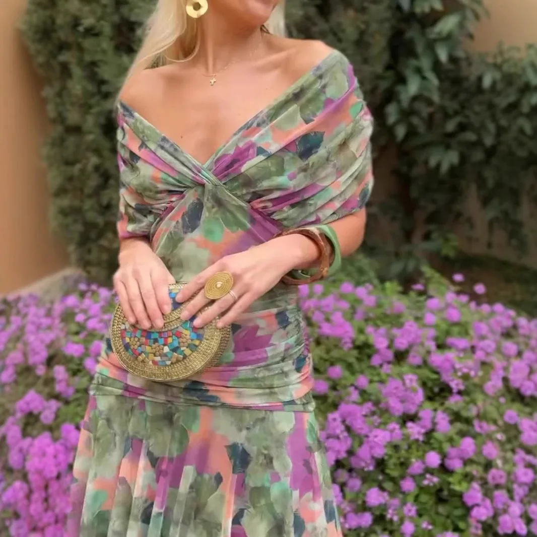 

2025 Spring and Summer New Mesh Printing Suspender Dress Casual Party Dress European and American