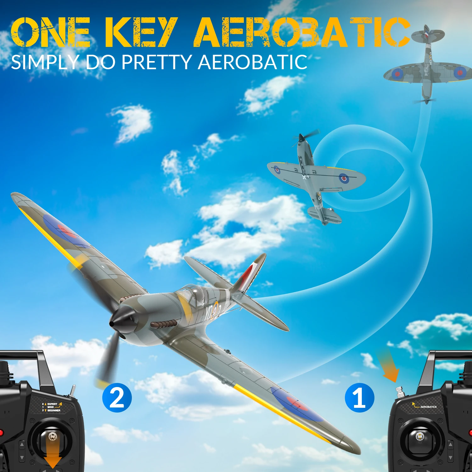طائرة VOLANTEXRC RC ذات 4 قنوات تعمل بالتحكم عن بعد، طائرة مقاتلة Spitfire RTF مع Aileron، Gyro، Aerobatics و3 أوضاع سهلة الطيران