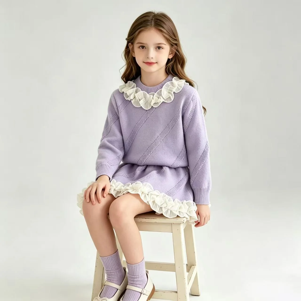 Autumn and Winter New Korean Elegant Solid Color Knitted Suit Lace Long Sleeve Sweater+Half Skirt Two Piece Set for Girls 2-6