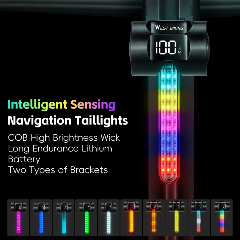 Bicycle Tail Light Rechargeable Colorful  LED Bike Rear Light Power Display Waterproof Night Riding Intelligent Brake Sensor