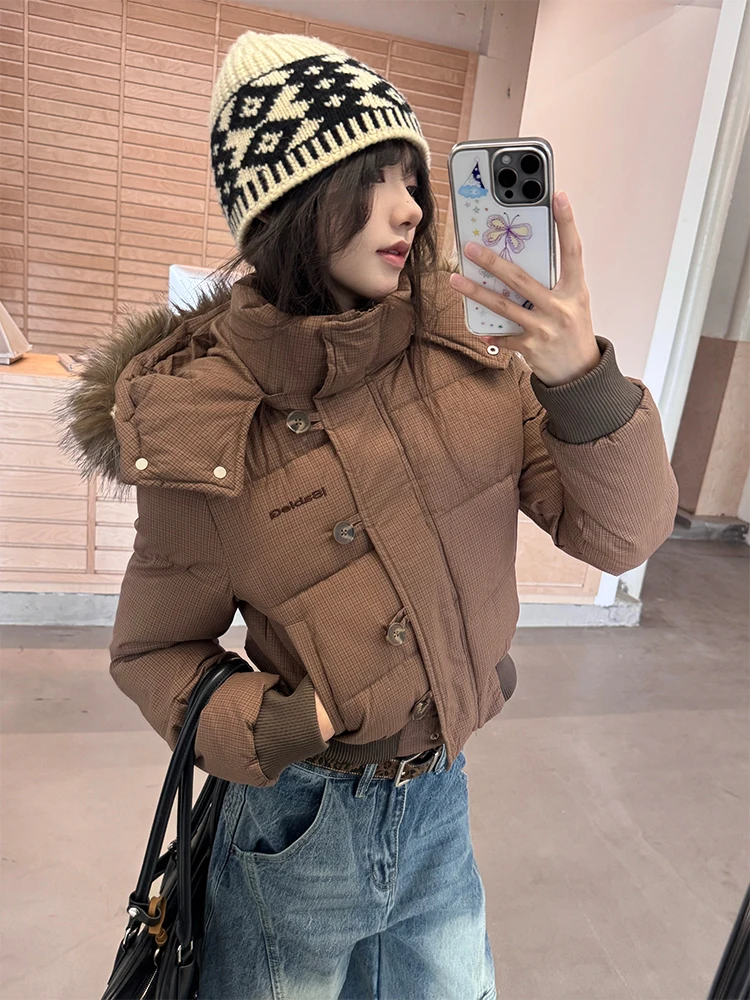 

URKR American Retro Plaid Fur Collar Hooded Cotton Jaet Women's ort Thiened Korean Sle Outerwear Waist-Cinching Slimming