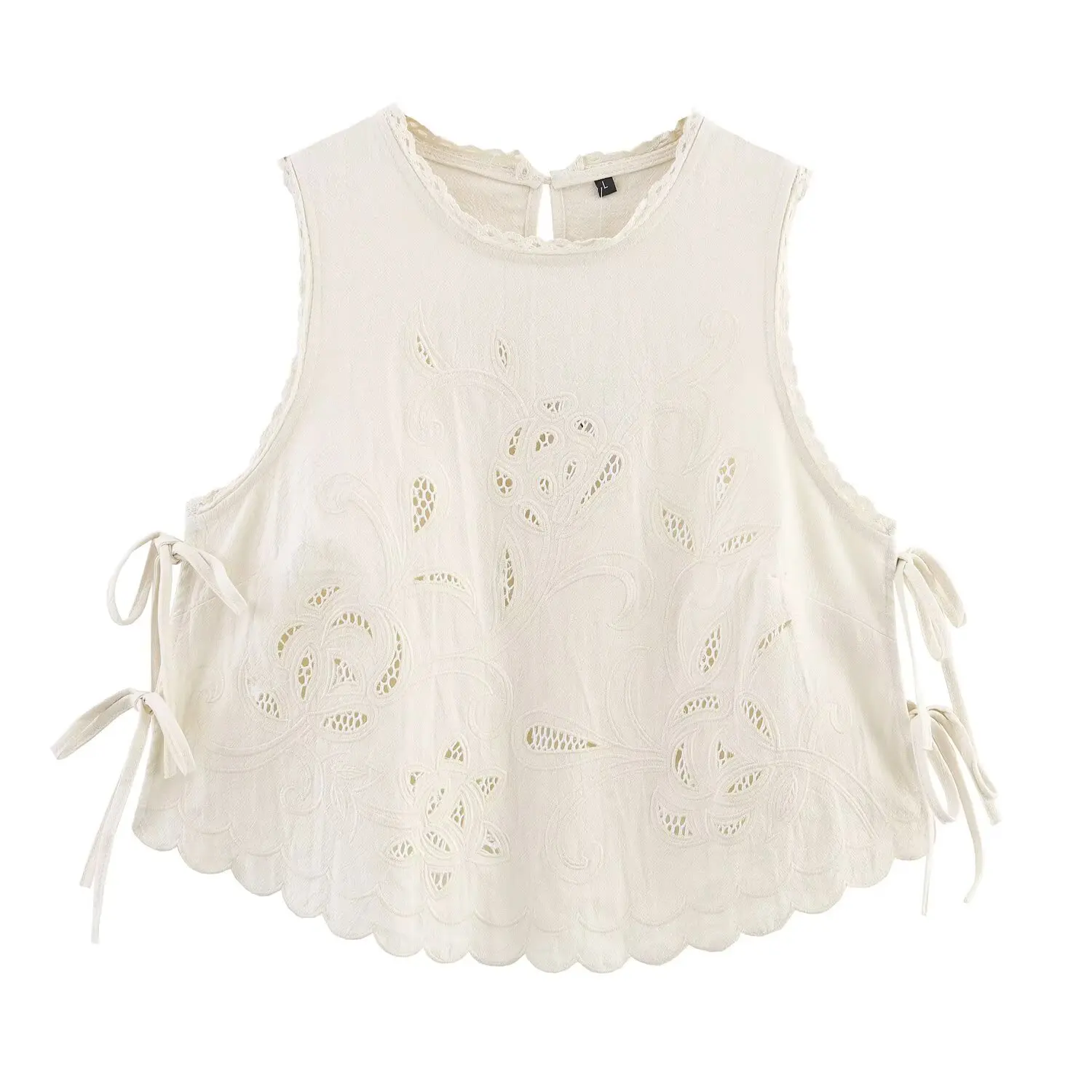 

Jenny&Dave Summer Blouse French Country Lazy Beige Hollow Cotton Shirt Lace-up Embroidered Sleeveless Shirt Women Tank Top