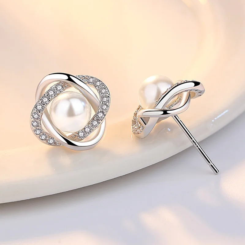 Real 925 Sterling Silver Crystal Jewelry New Cross Circle Pearl Stud Earrings For Women XY0200