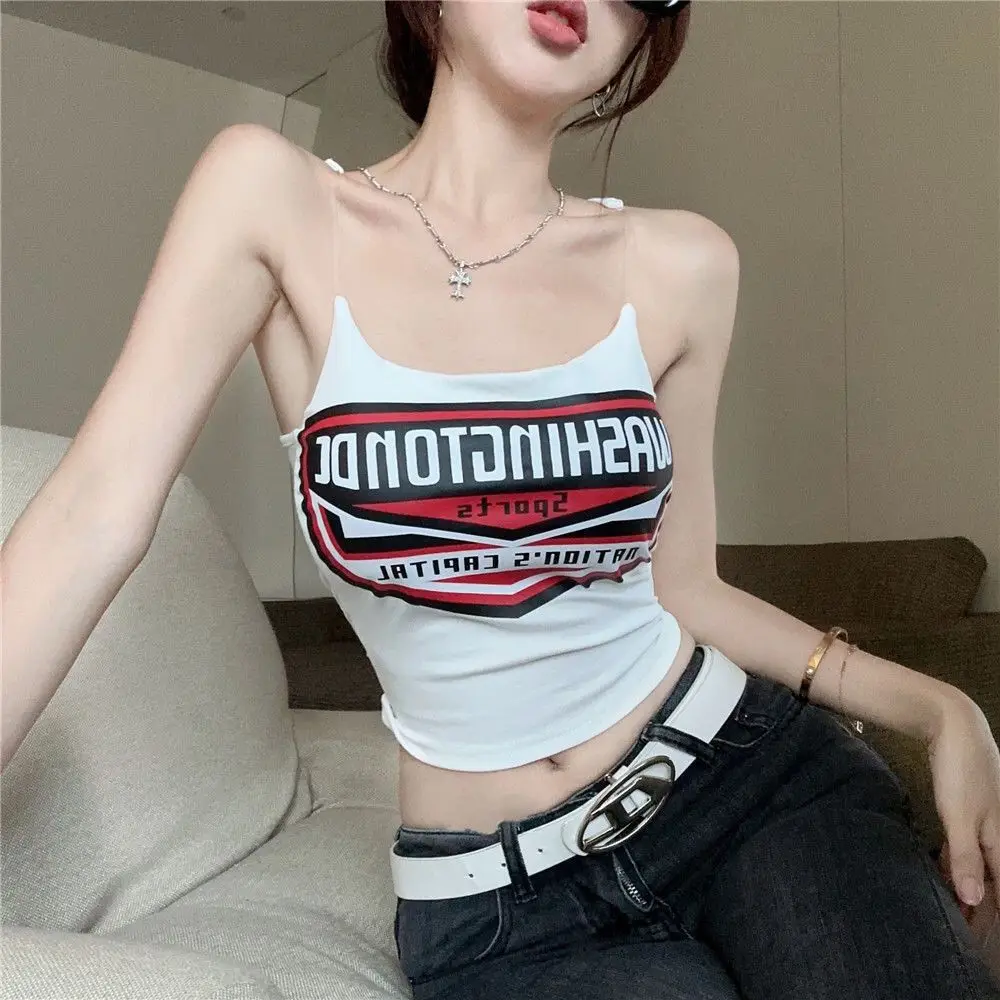 Sexy unsichtbare Schulter gurte Crop Tops Frauen Sommer koreanische Mode Halfter schlanke Brief druck Grafik T-Shirt y2k Tops Tank Top