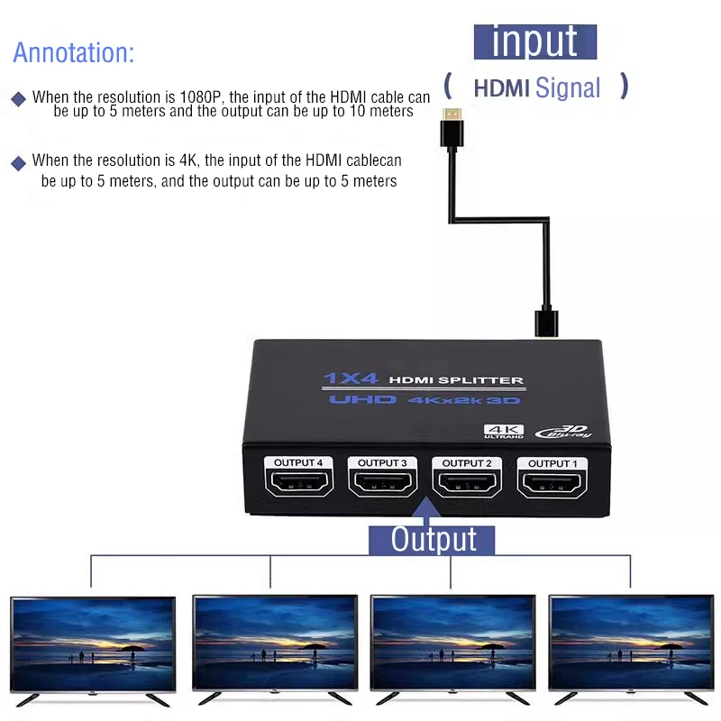 4Kx2K HD 1080P 4K 3D 1X4 HDMI Splitter 1x2 Video Distributor Converter 1 In 2 3 4 Out for PS3 PS4 Camera PC To Monitor Projector