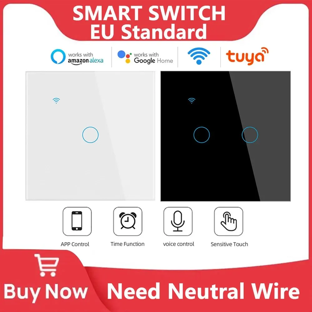 WiFi Smart Switch EU Light Interruttore tattile a parete 220V Hai bisogno di filo neutro Tuya Smart Life Funziona con Alexa Google Home 1/2/3/4 Gang