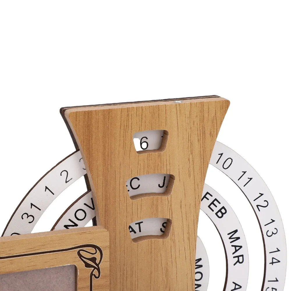 Wooden Perpetual Calendar Frame Insertable Photo Slot Ferris Wheel Design Eternal Calendar Photo Frame Multi-Function Display