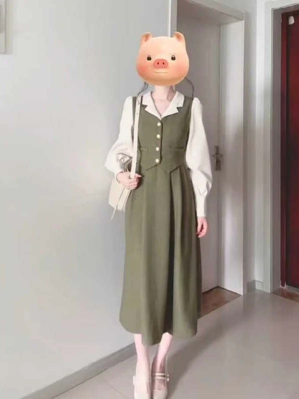 

plus Size Korean Sle Vest Dr Suit Collar Slimming Long Dr Faionable Faux Two-Piece Design Ci Commute Suitable