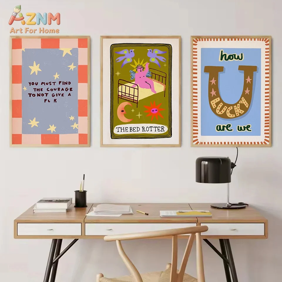 AZNM Funny Colorful Checkered Text Canvas Print Cute Frog Pigeon Heart Trendy Aesthetic Bathroom Living Room Wall Decor Unframed