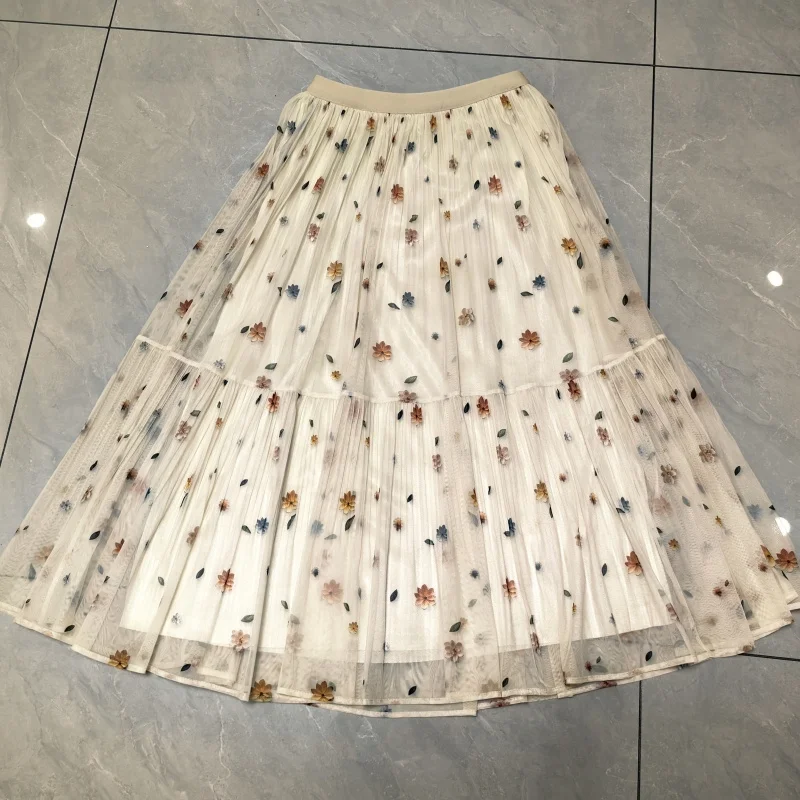High-end Mesh Floral Skirt for Women Spring Summer New High-waisted Slim Medium-length Pleated Large Flared Mesh