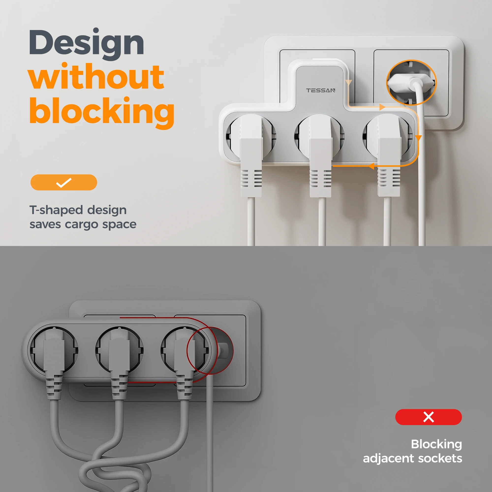 Adaptador de enchufe múltiple TESSAN con 3 salidas, extensor de enchufe europeo de 3600W con protección contra sobrecarga para el hogar y la Oficina