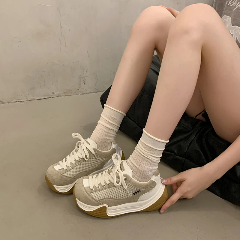 High-quality Appearance Level Thick-soled Round-top Lace-up Multi-color Versatile Slip-resistant Breathable Casual Women's Shoes