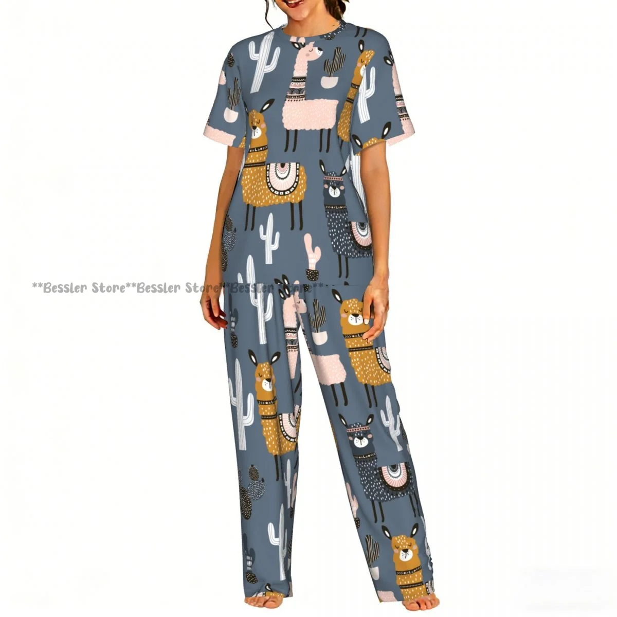 

Women's Pajamas Set Cute Llamas And Cactuses Short Sleeve Sleepwear 2 Piece Homewear Loungewear