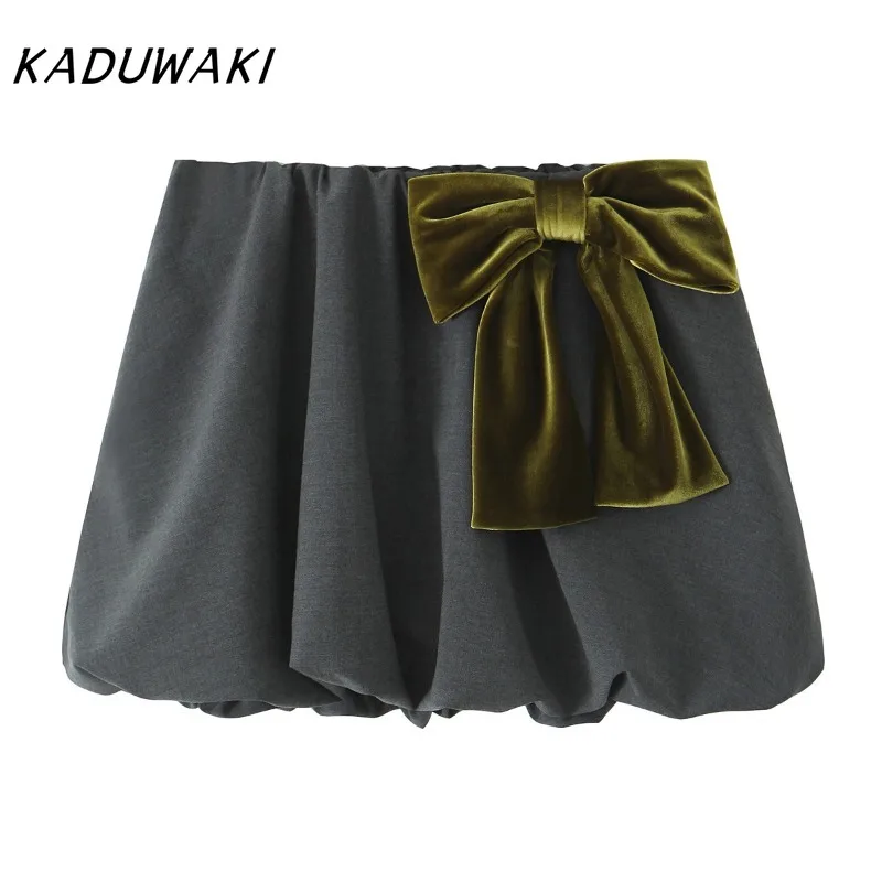 KADUWAKI Elegant Women Fashion with Velvet Bow Balloon Mini Skirt Mid Elastic Waistband Female Skirts Mujer Evening Kawaii Skirt