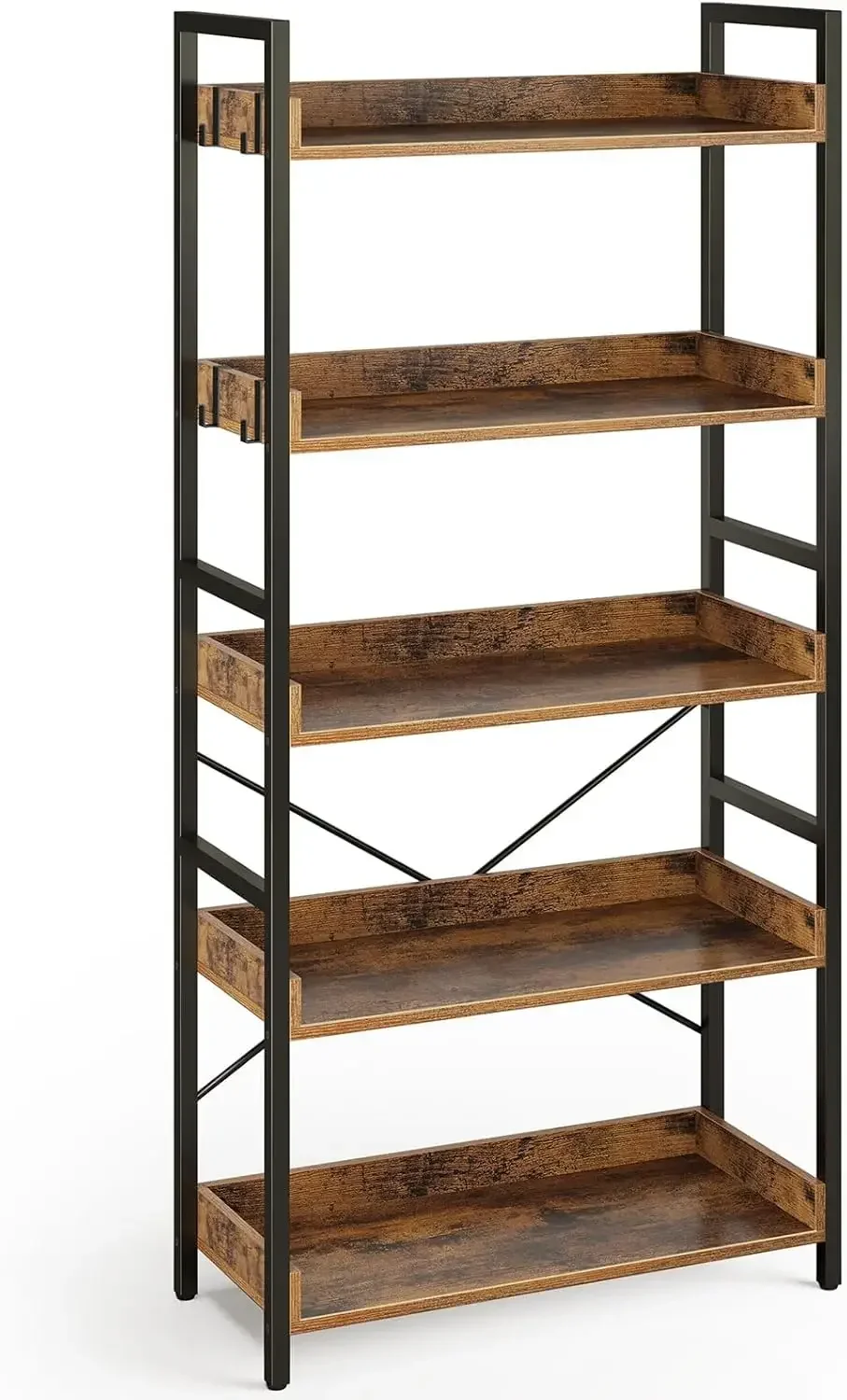 Bookshelf 5 Tier with 4 Hooks, Industrial Wood Bookcase, Vintage Storage Rack with Open Shelves, Rustic Standing Bookshelves