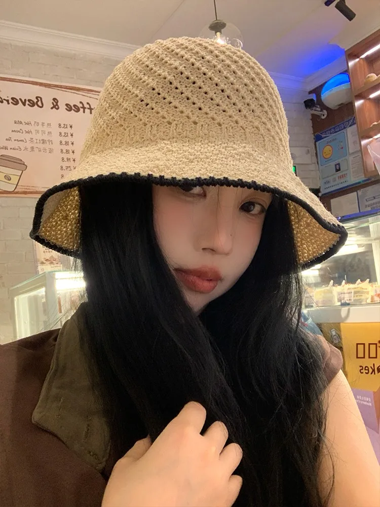 Korean Style Ins Hollow out Versatile Knitted Hat Women Summer Sunshade Fisherman Hat Thin Sun Hat Sun Protection Bucket Hat