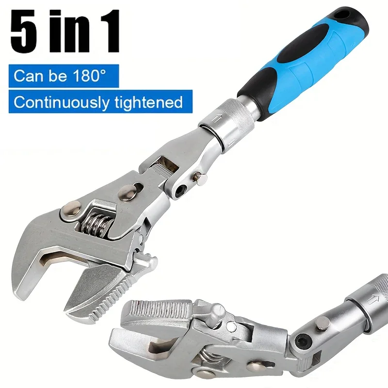 Adjustable Torque Wrench 180° Folding Ratchet Wide Crescent Jaw 5 In 1 Spanner 10-12 Inch Household Pulley Wrench Tool